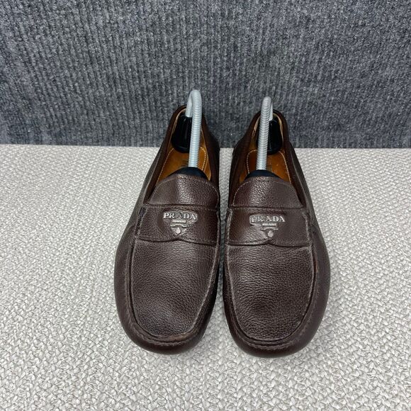 Prada Logo Pebbled Leather Driving Loafers Slip On Brown Italy Mens 7 2D2170 main image 6